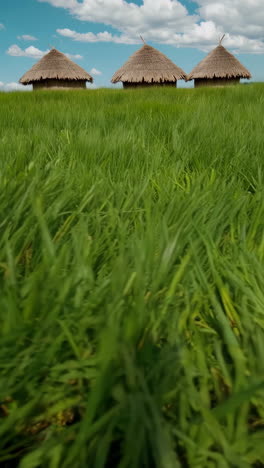 thatched huts in a field