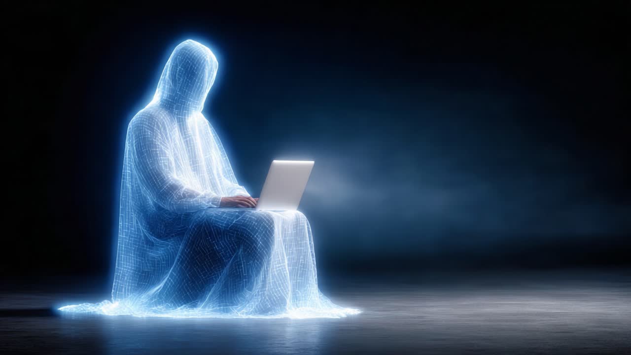 A Glowing Ethereal Being Engaged with Technology: A Digital Specter Interacting with a Laptop in a Dark, Mysterious Space