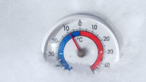 el termómetro al aire libre en la nieve muestra una caída de temperatura de 4k.