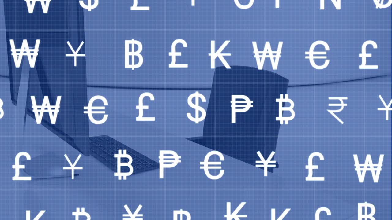 사무실에서 비어있는 의자와 컴퓨터 위에 여러 개의  화폐 아이콘의 애니메이션