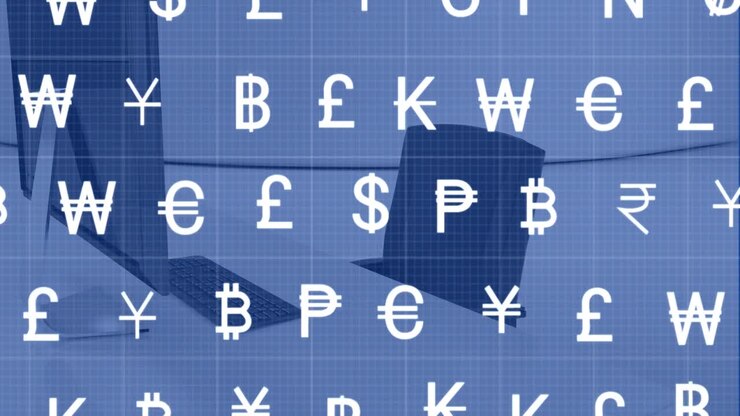 Animation of multiple white currency icons over unoccupied chair and computer in office