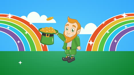 st patricks day animated card with elf and coins in rainbow