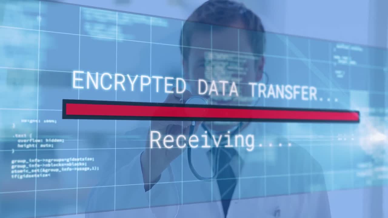 animación del procesamiento de datos sobre el médico masculino caucásico