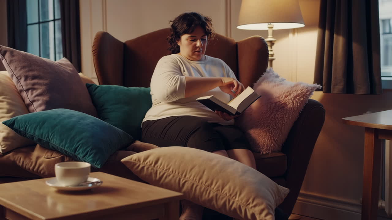 Woman Reading a Book in a Cozy Living Room