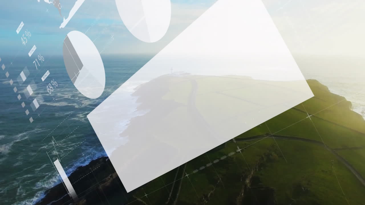 Translucent infographic overlay animating coastal aerial view with pie charts and triangular panel