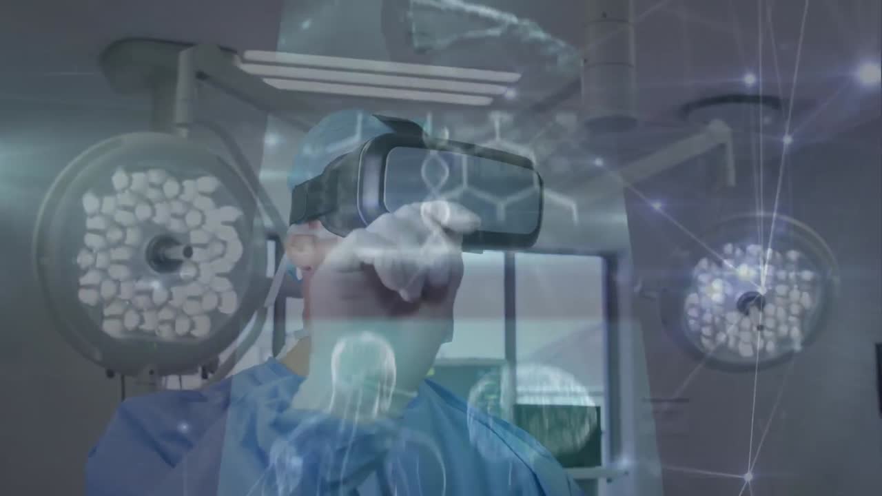 animación de la red de conexiones y procesamiento de datos sobre el médico caucásico masculino usando auriculares vr