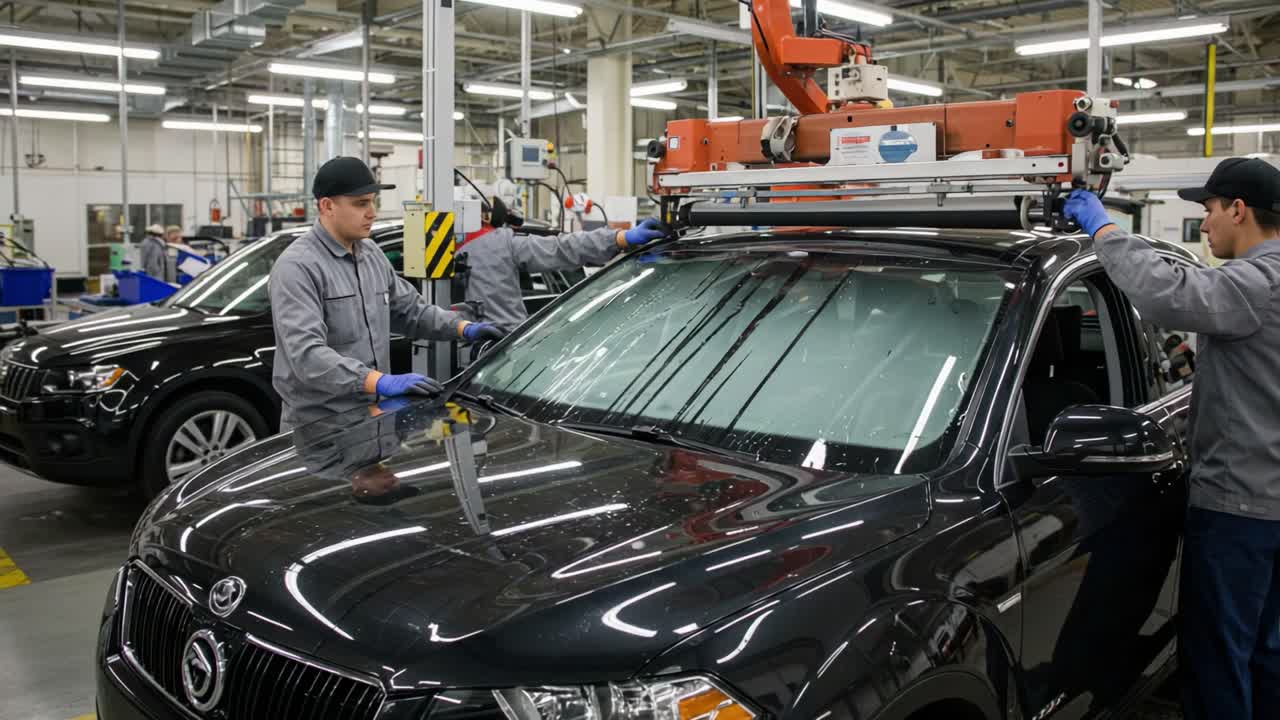 Workers Installing Windshields in Automotive Production Facility: A Step-by-Step Process of Vehicle Assembly and Quality Assurance with Precision Tools and Techniques