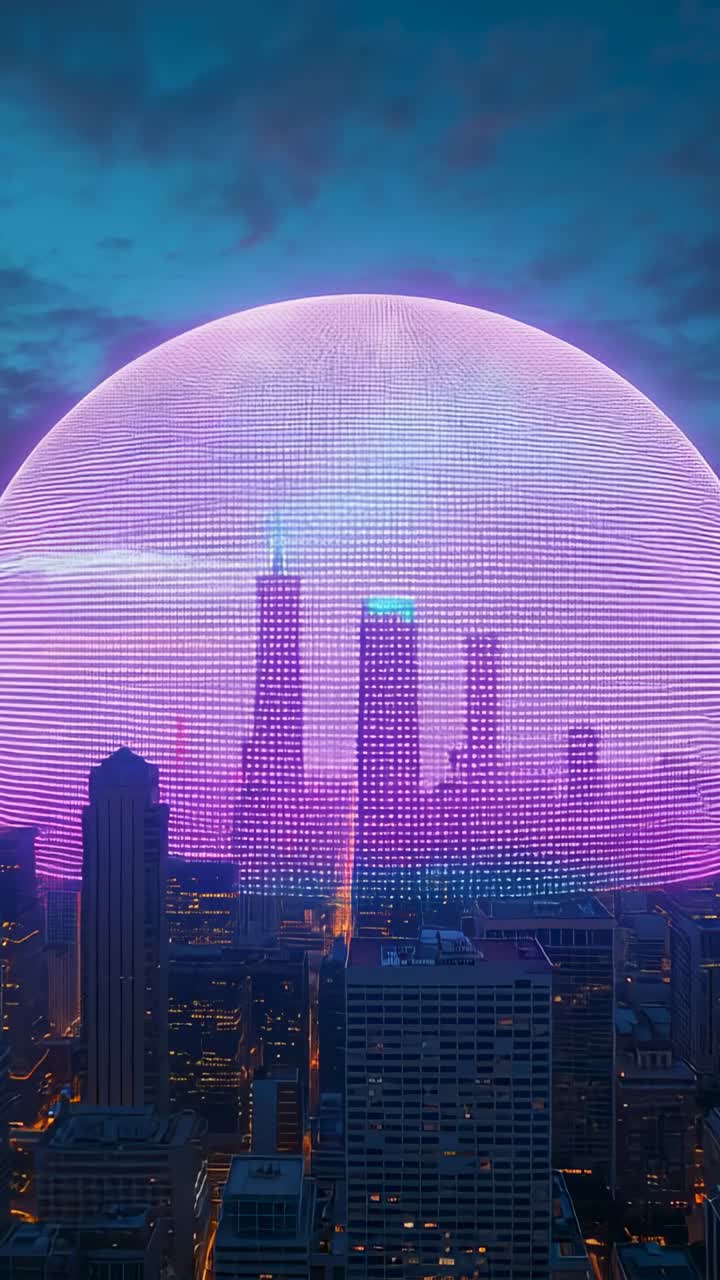 Vídeo vertical: Sinal ativando domo de holograma sobre o centro da cidade ao anoitecer, com pixels brilhando e se movendo