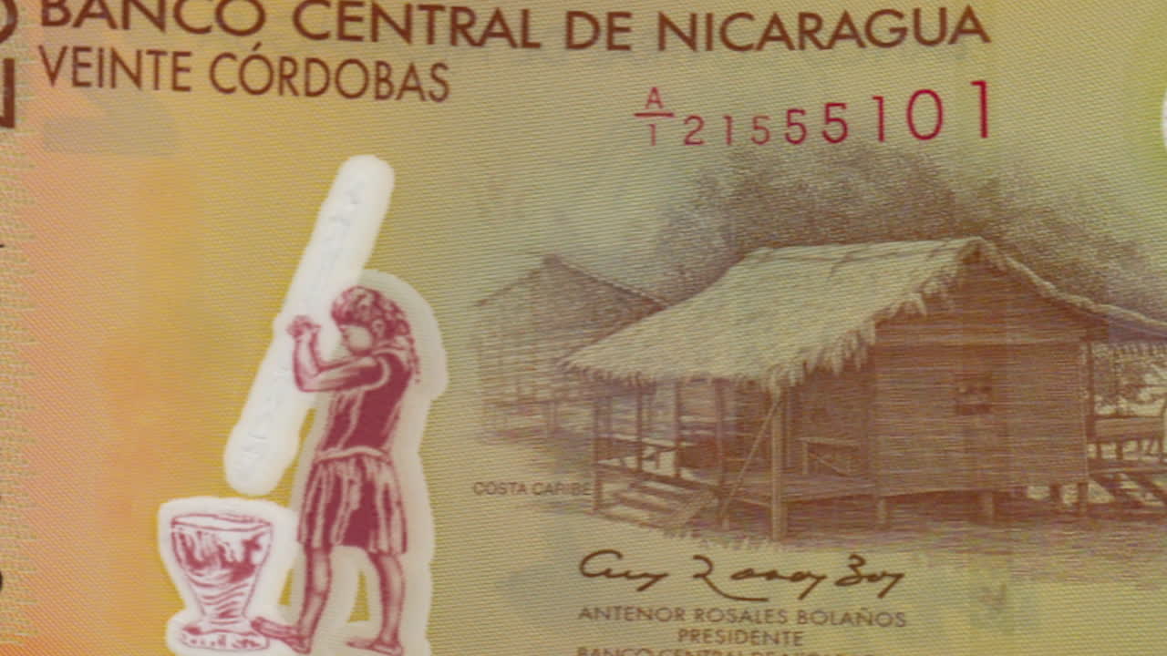 Nicaraguan 20 Córdoba Banknote on Green Screen and Detailed View