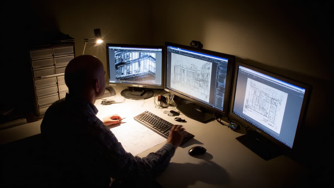 Focused Architectural Designer Analyzing Detailed Blueprints on Multiple Computer Screens in a Dimly Lit Office Environment