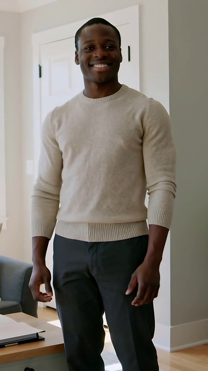Video verticale: La telecamera che zooma, un uomo in maglia beige che sorride e si muove a casa, di fronte ad essa con un laptop.