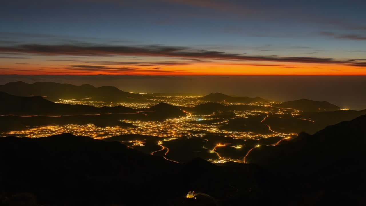 Stunning Panoramic View of a Town Illuminated by Golden Lights Against a Dusk Sky with Vibrant Sunset Colors Highlighting the Landscape