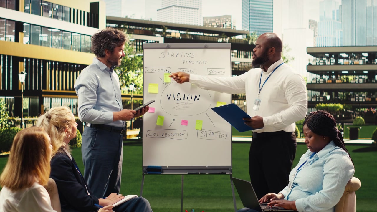 Diverse business people explaining vision implementation with sticky notes