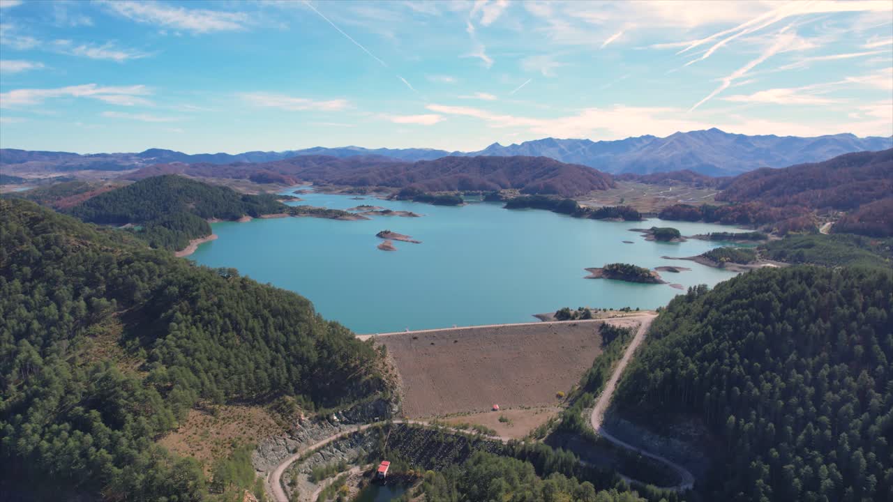 Aoos Spring Lake Reservoir in Metsovo Greece, Aerial Panoramic view of Greece Countryside Nature, Point of Interest Shot