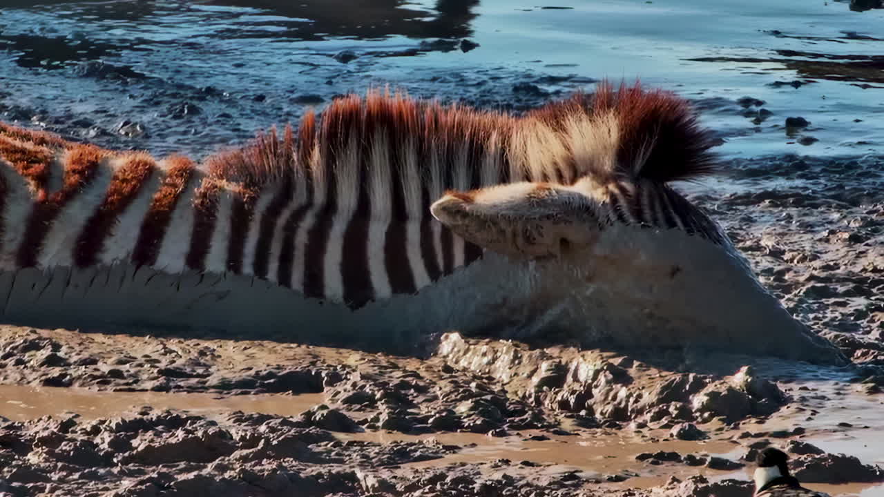 A closeup of a zebra lying, stuck, in a thick muddy waterhole