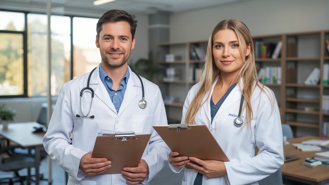 Câmera mostrando dois profissionais da saúde inclinados, ajustando pranchetas e sorrindo durante uma consulta clínica