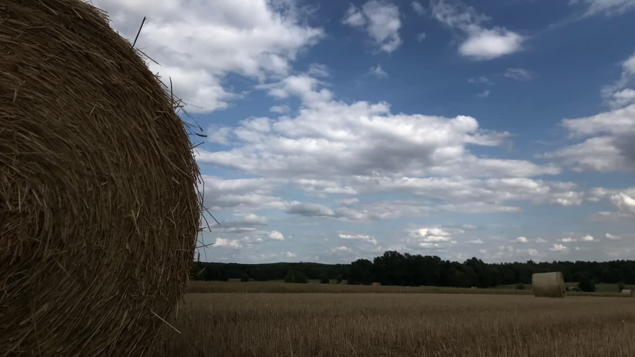 el lapso de tiempo revela la belleza de las balas de paja en el campo, acompañado por el suave ruido de las gotas de lluvia que caen de las hojas