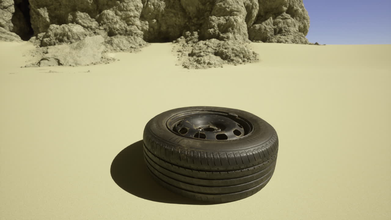 Abandoned tire on sandy terrain near rocky formations under clear sky