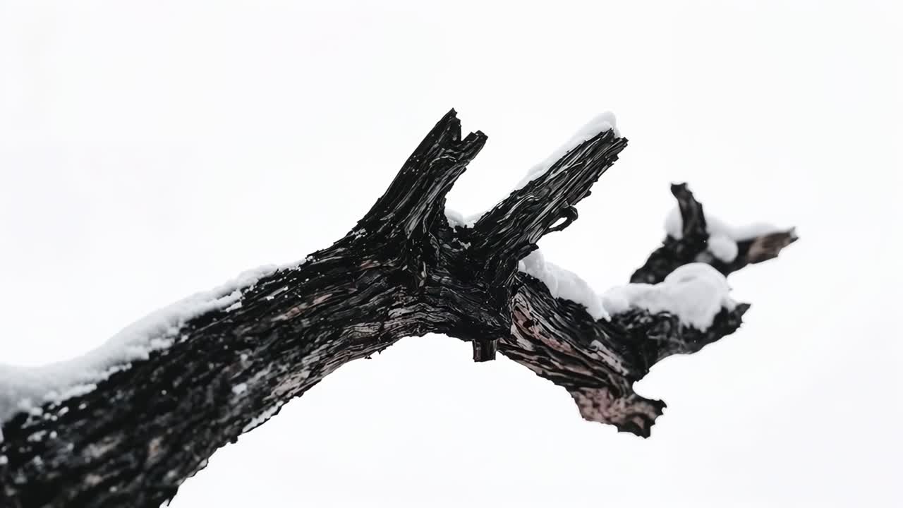 Panning camera shifting view over snow-dusted gnarled branch at overcast sky, revealing forked stub