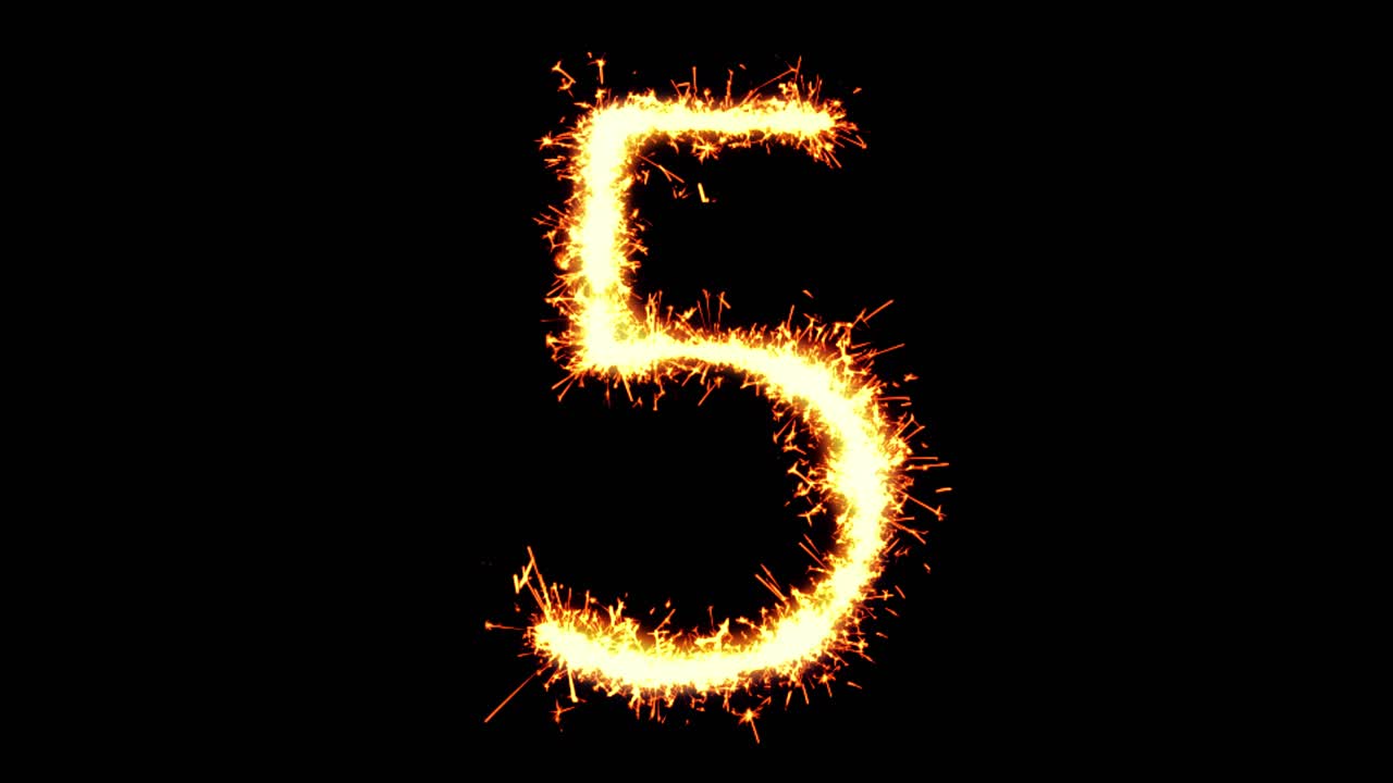Number 5 text sparkler writing with glitter sparks particles firework on black 4k loop background