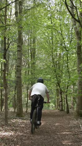 drone vertical video tracking man on mountain bike cycling along trail through woodland 2