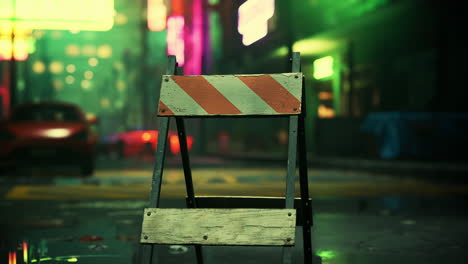 a barricade blocking a street in a neon-lit city at night.