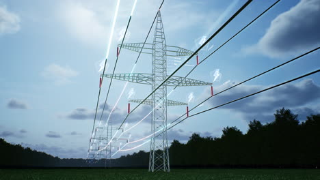 Visualización-En-Cámara-Lenta-De-La-Energía-Que-Viaja-A-Través-De-Los-Cables-De-Una-Torre-Eléctrica