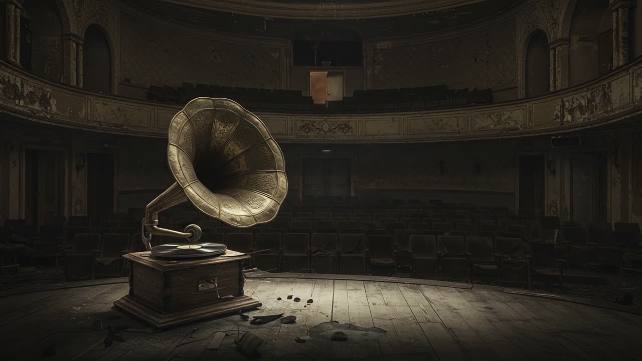 An Abandoned Theater with a Vintage Gramophone Standing Alone, Surrounded by Dust and Forgotten Memories, Reflecting the Passage of Time and Erosion of Culture