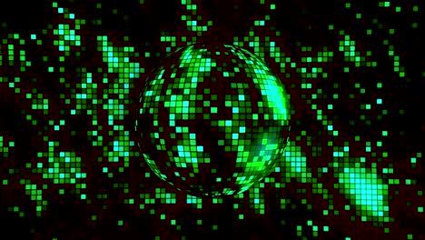 abstract green and black pixelated background with the silhouette of a rotating sphere. motion. shimmering pattern of colorful particles, seamless loop