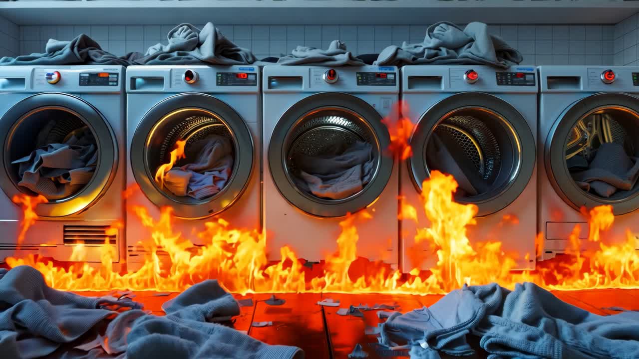 배경 에 불 을 태우고 있는 세탁실 에 있는 세탁기 와 건조기 의 줄