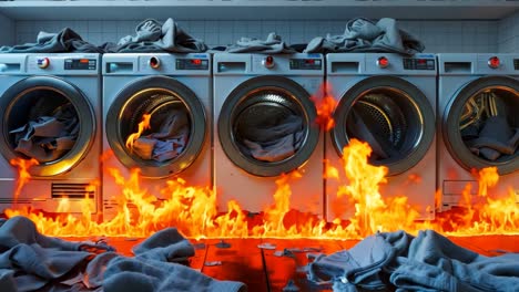 a row of washers and dryers in a laundry room with a fire burning in the background
