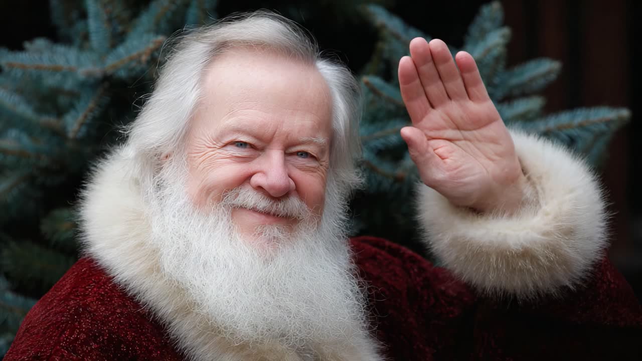 A Heartwarming Greeting from a Cheerful Elder in Festive Attire, Spreading Joy During the Holiday Season with a Friendly Wave and a Warm Smile