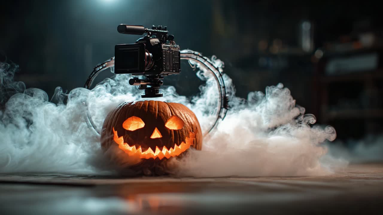 A Cinematic Halloween Scene Featuring a Spooky Pumpkin with an Embedded Camera Surrounded by Creepy Fog, Perfect for Capturing the Essence of the Season