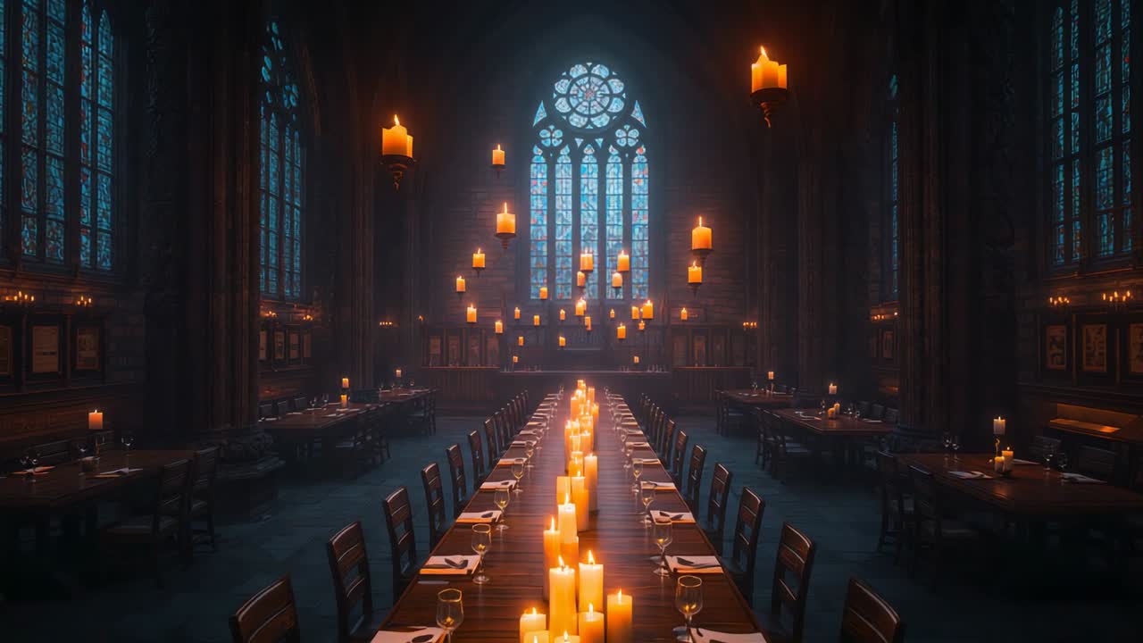 Gliding camera revealing floating candles above dining table amid stone columns in Gothic hall