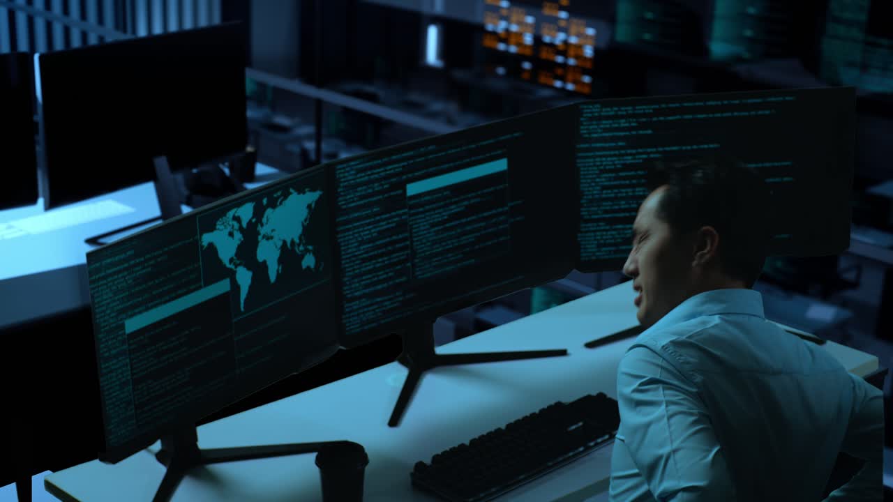 Side View Of Asian Man Developer Having Backache While Write Code With Multiple Computer Screens In The Office