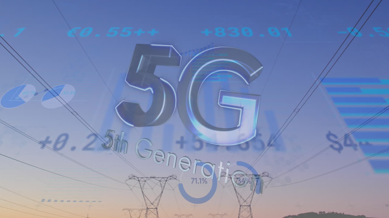 도로에 있는 라디오 타워를 통해 금융 데이터 처리에 대항하는 5g 텍스트의 디지털 복합 비디오