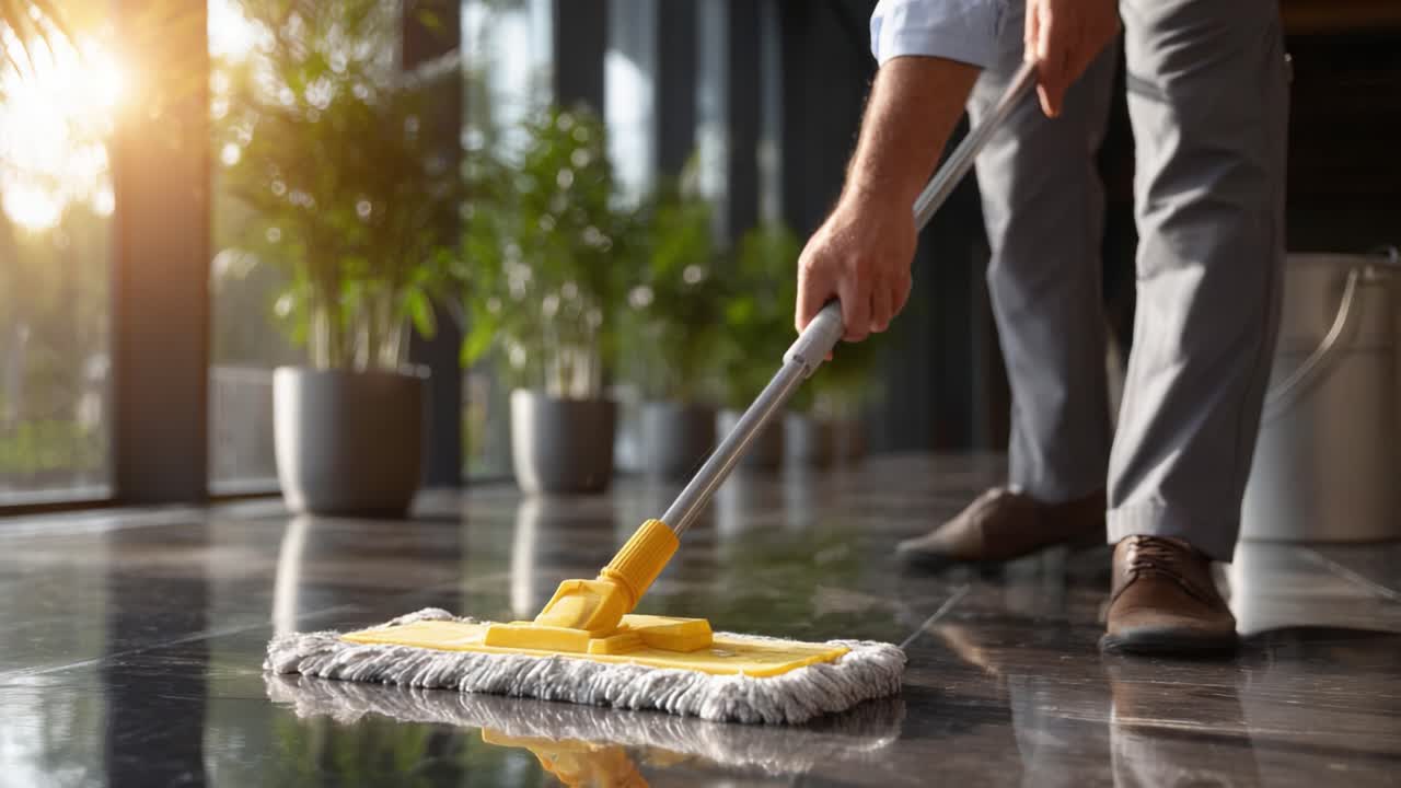 A dedicated worker efficiently cleans a glossy floor using a mop, showcasing the importance of cleanliness in a modern workspace surrounded by vibrant greenery