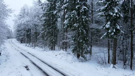 Drone-slowly-sliding-left-showing-uncleaned-snow-frozen-forest-road-after-a-snowstorm,-Deby-Poland