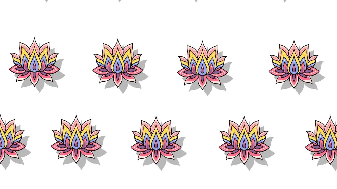 Composizione di righe di fiori di loto che si muovono su sfondo bianco