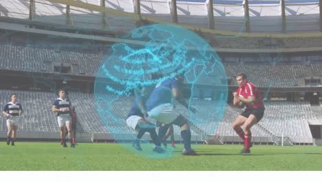 Animation-Einer-Sich-Drehenden-Blauen-Kugel-Mit-Datenverarbeitung-über-Zwei-Multiethnische-Rugby-Teams,-Die-Rugby-Spielen