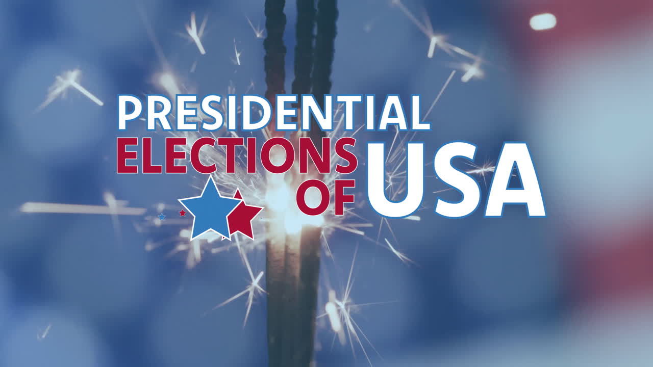 Animation of presidential elections of usa text and stars over sparklers and american flag