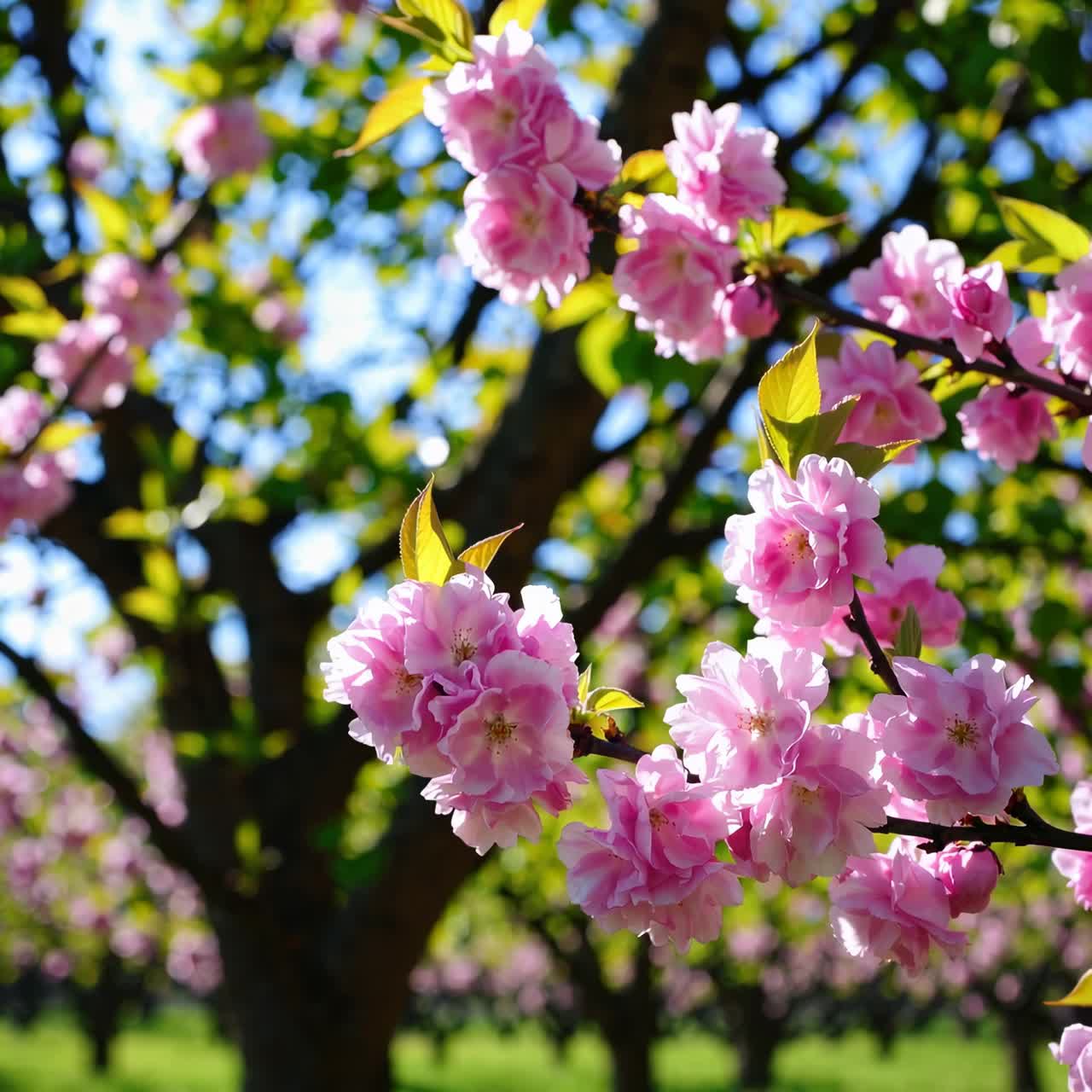 Vibrant pink blossoms in focus with a blurred background, captured from a low angle