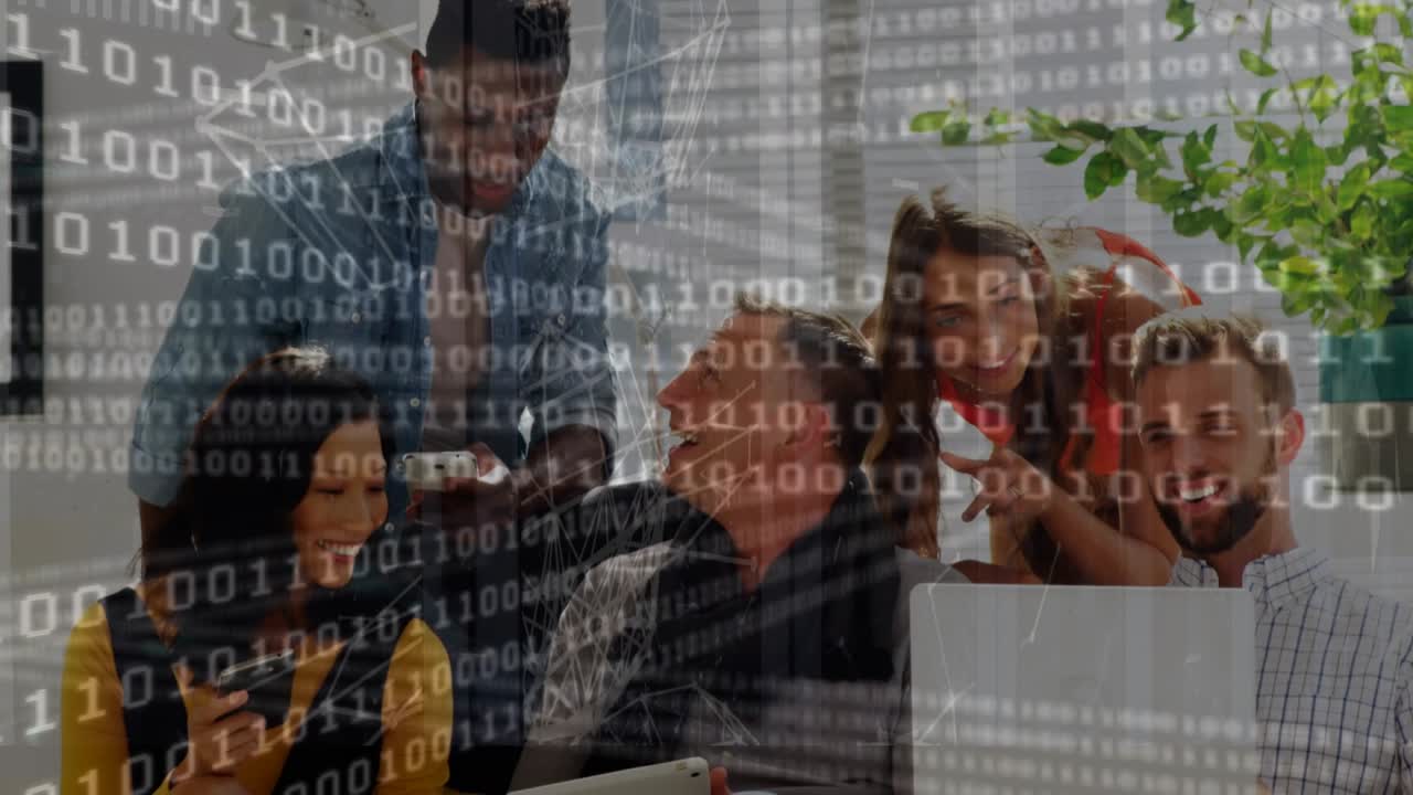Animation of data processing over diverse business people in office