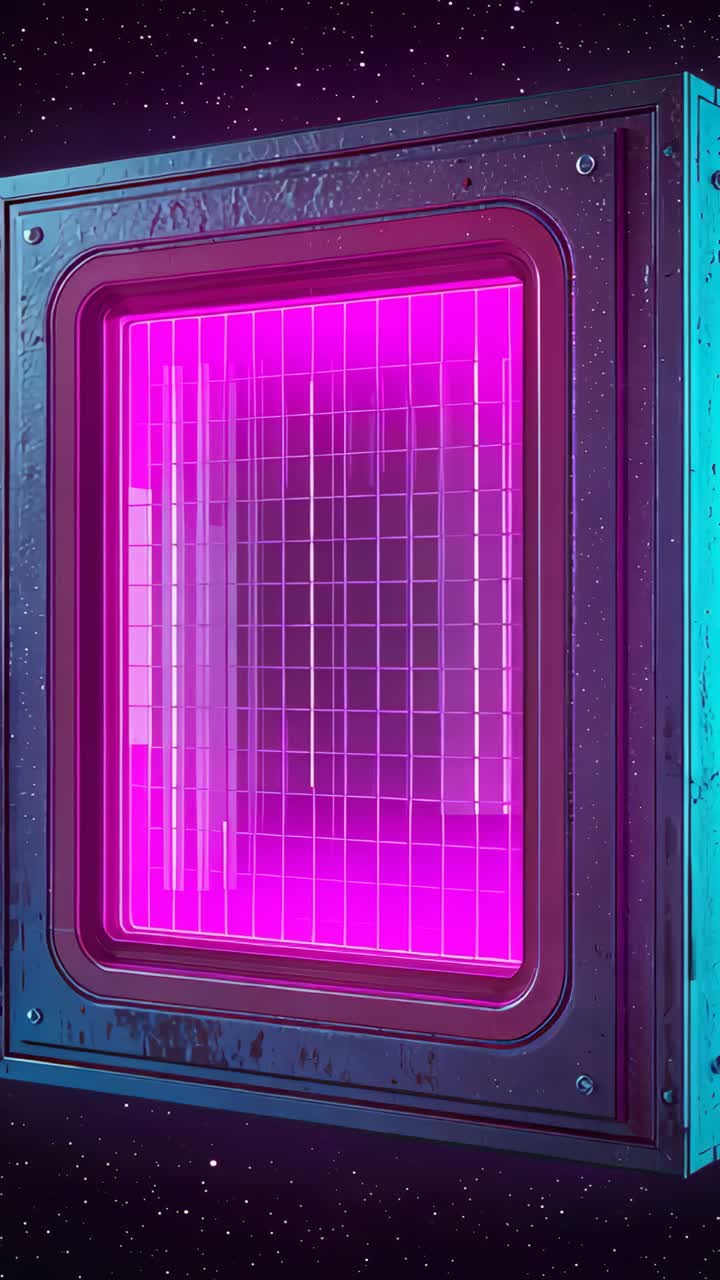 Vertical video: Zooming camera tracking metal panel against stars, showing magenta grid and tubes
