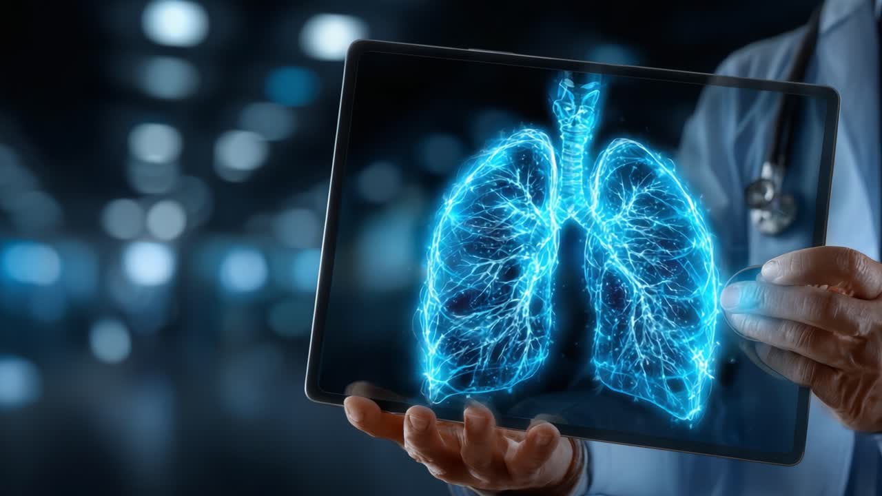 Un professionista medico che esamina un ologramma interattivo di polmoni su un tablet, evidenziando l'importanza della tecnologia avanzata nell'assistenza sanitaria e nell'imaging.
