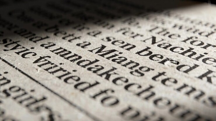 L'obiettivo della fotocamera si sposta lungo la carta di giornale sul tavolo, rivelando una riga, un'ombra e delle parole.