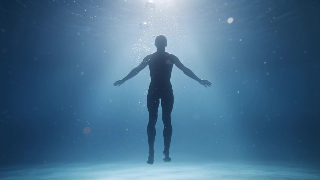 Nuotatore maschio che espira, indossando slip, sale in piscina verso una luce dall'alto, con bolle che salgono.