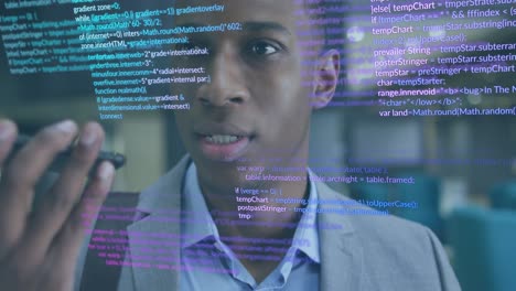 animation of computer language over african american businessman using voice assistant of cellphone