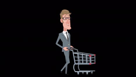 dibujos animados elegante personaje de hombre de negocios caminando en bicicleta y empujando vacío carrito de compras animación con canal alfa