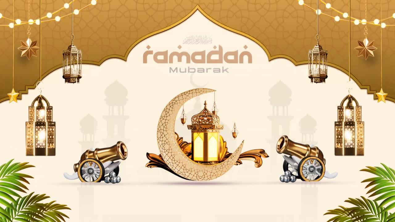 Animazione banner Ramadan Mubarak con mezzaluna, lanterna e cannoni su sfondo beige e oro